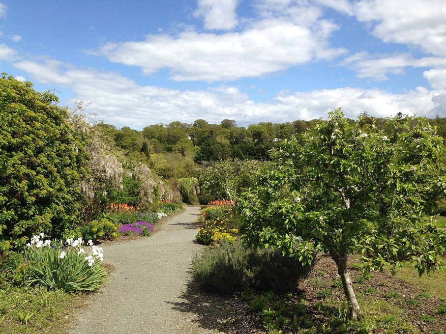 A scenic garden path lined with colorful flowers and greenery under a blue sky with clouds.