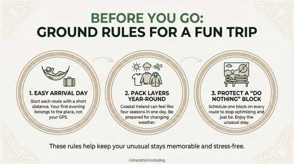 Infographic titled 'Before You Go: Ground Rules for a Fun Trip' with three key travel tips: 1. Easy Arrival Day, 2. Pack Layers Year-Round, 3. Protect a 'Do Nothing' Block. Includes illustrations and guidelines for stress-free travel.