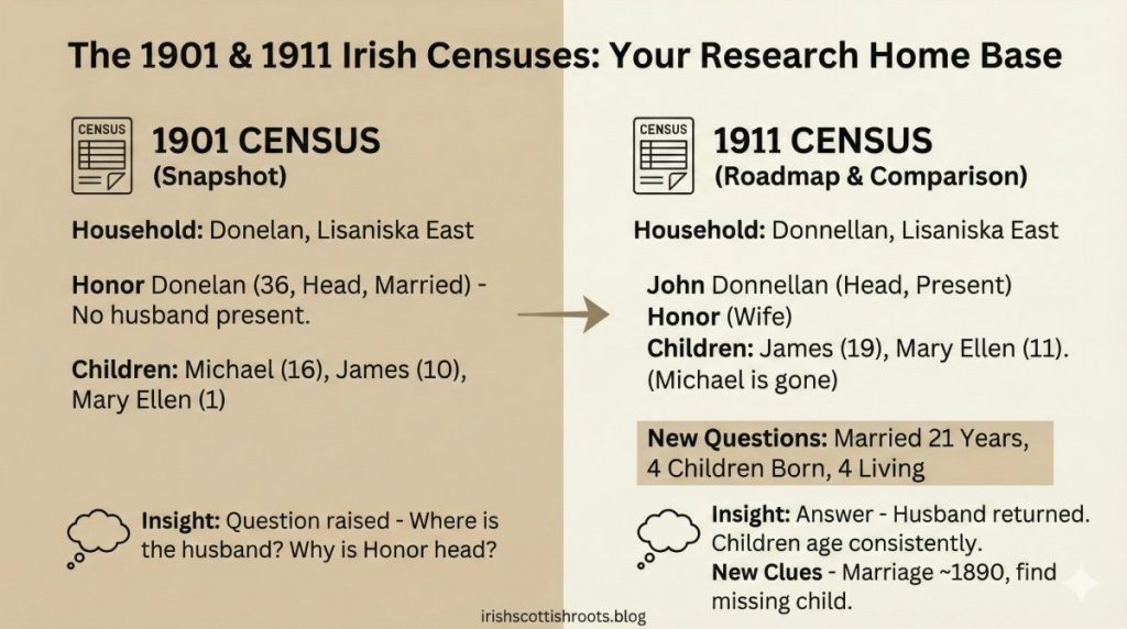 Comparison of the 1901 and 1911 Irish censuses showing household details for the Donelan family in Lisaniska East, including names, ages, and relevant insights.