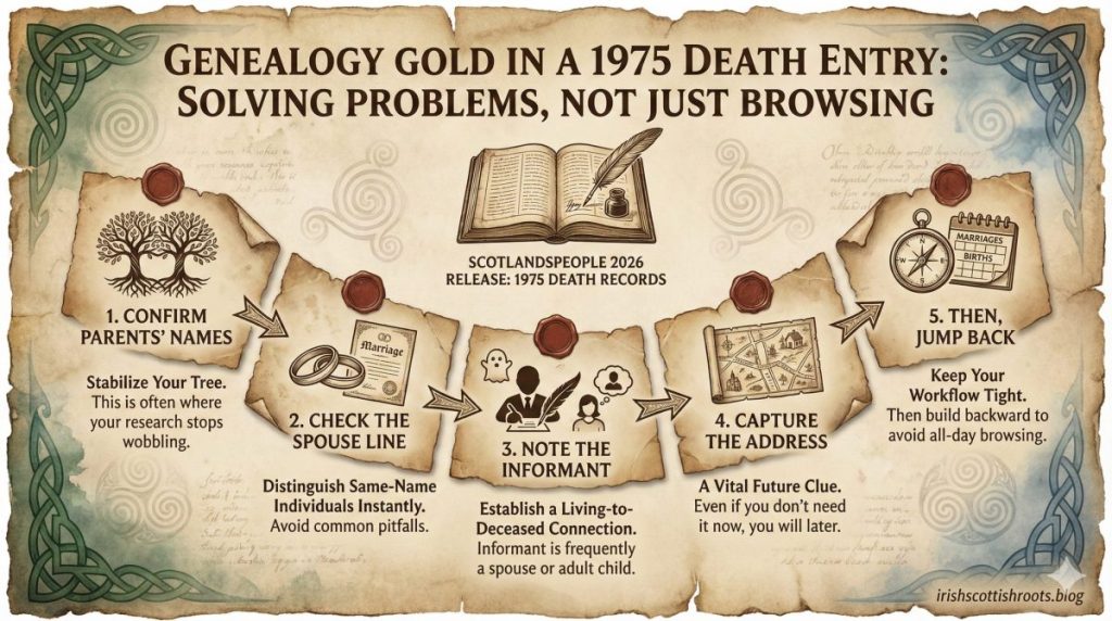 2026 ScotlandsPeople Release: Infographic titled 'Genealogy Gold in a 1975 Death Entry: Solving Problems, Not Just Browsing' outlining five steps for genealogy research, including confirming parents' names, checking the spouse line, noting the informant, capturing the address, and jumping back in workflow.