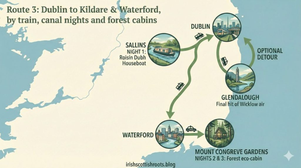 Map illustrating Route 3 from Dublin to Kildare and Waterford, highlighting destinations by train, including canal nights and forest cabins.