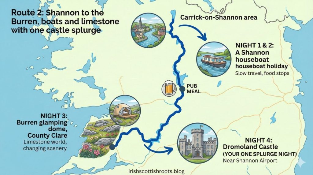Map outlining Route 2 from Shannon to the Burren, featuring a houseboat holiday, glamping dome in County Clare, and a stay at Dromoland Castle.