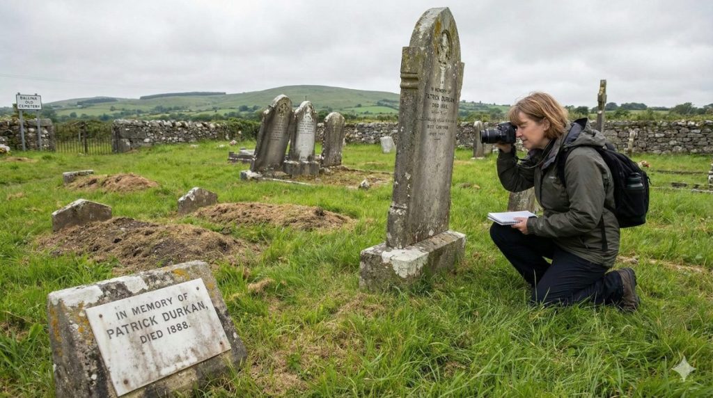 County mayo genealogy: A woman kneels by a gravestone in a cemetery, photographing the headstone that reads 'In memory of Patrick Durkan, died 1888'.