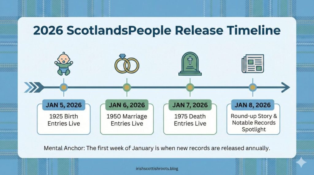 Infographic illustrating the 2026 ScotlandsPeople release timeline with key dates for new birth, marriage, and death record entries, along with a note on annual record releases.